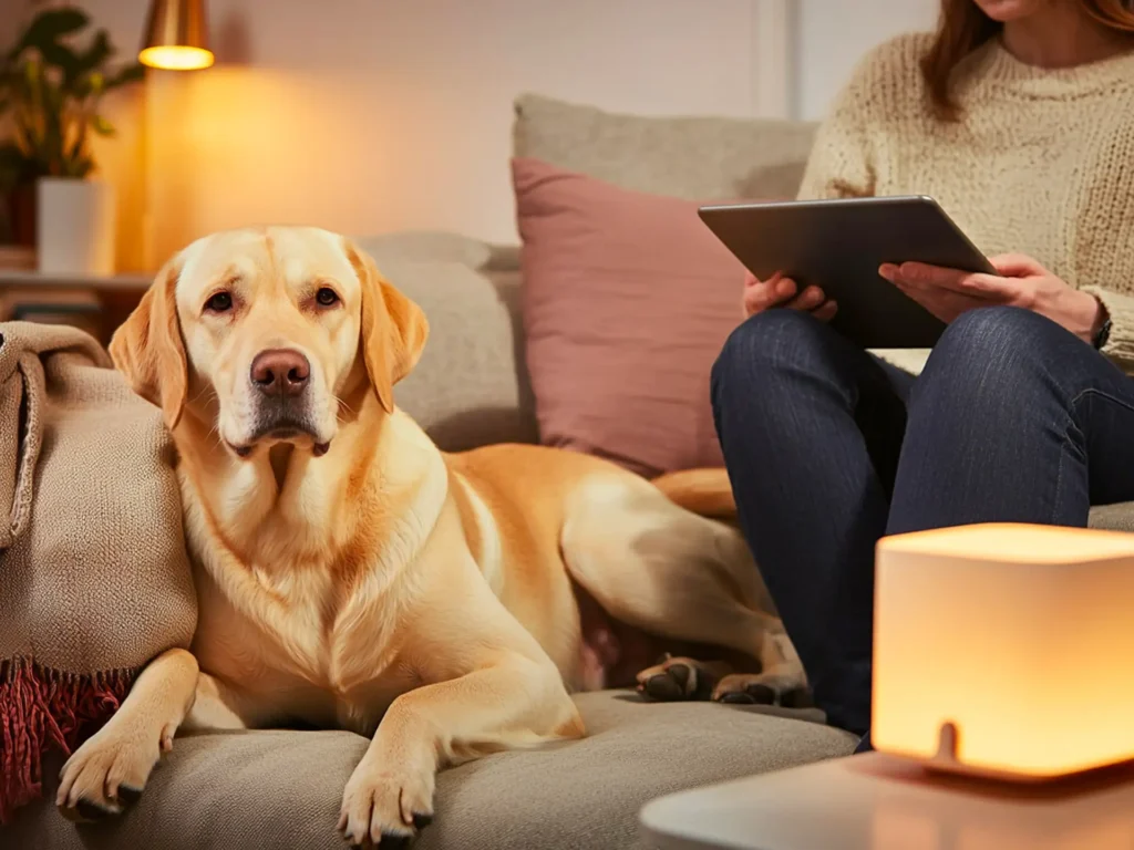 Person researching on a tablet while sitting with their dog, representing the decision of when to get a second dog