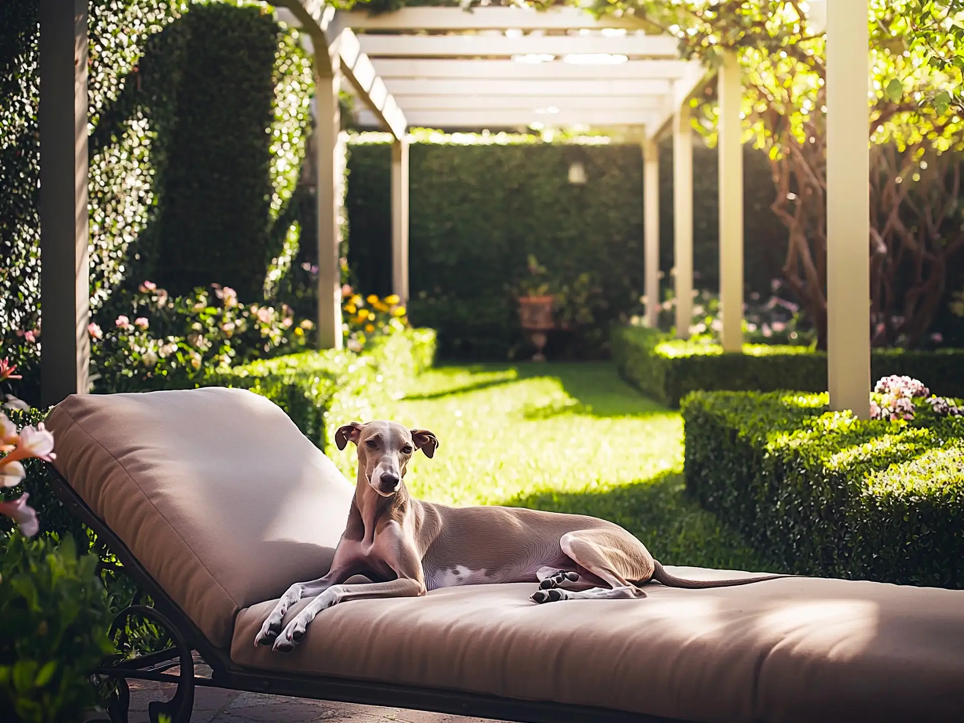 Whippet relaxing in a peaceful garden, showcasing its minimal grooming needs and graceful, low-maintenance lifestyle.