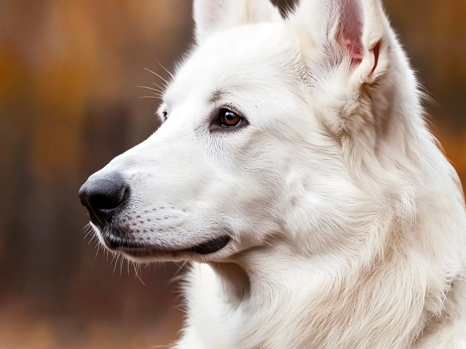 Close-up of a White Swiss Shepherd with a focus on its expressive eyes and white fur.