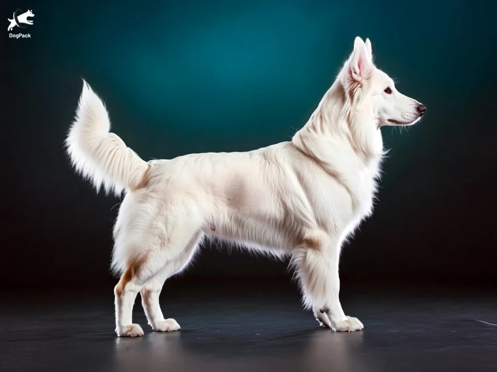 White Swiss Shepherd Dog breed full body view standing against green background