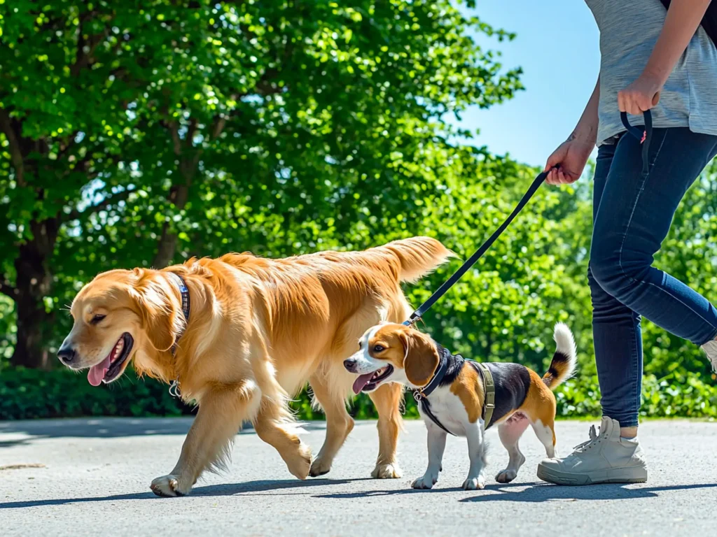 Person walking a golden retriever and a beagle in a park, symbolizing the joy of owning a second dog