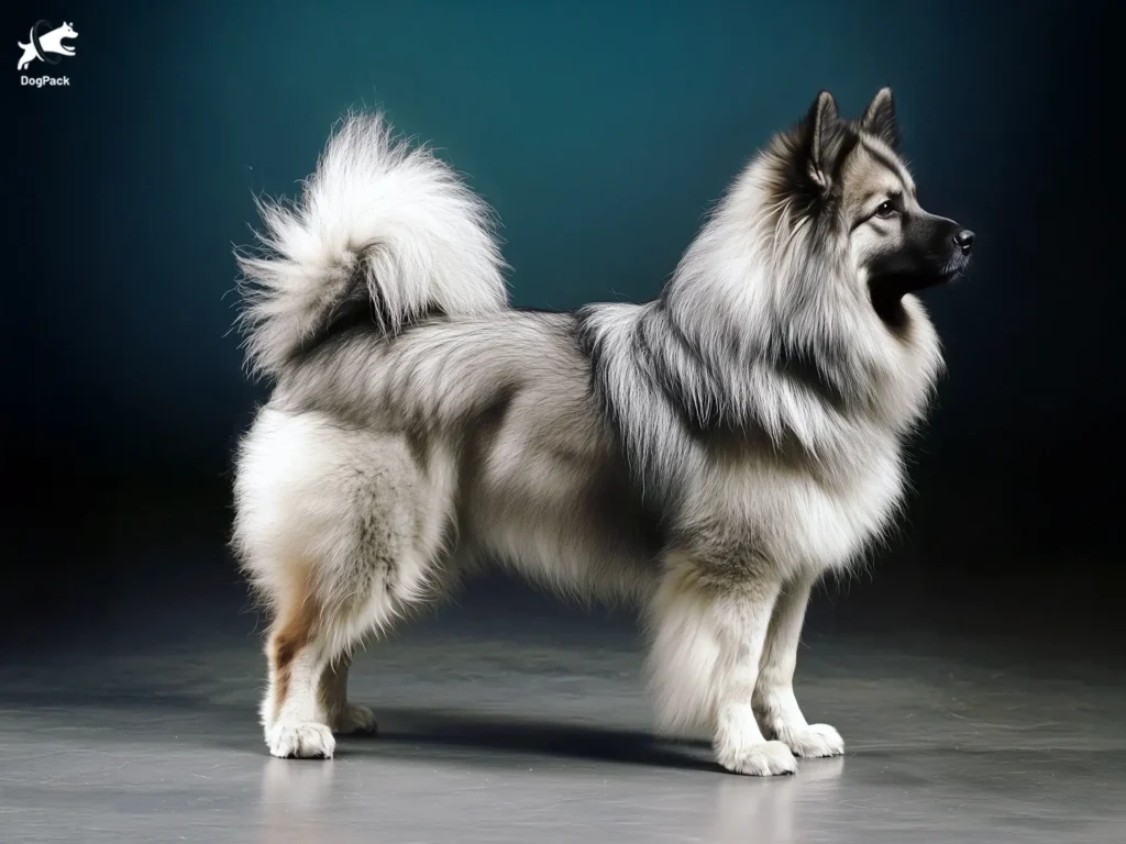 Wolfspitz (Keeshond) Dog breed full body view standing against green background