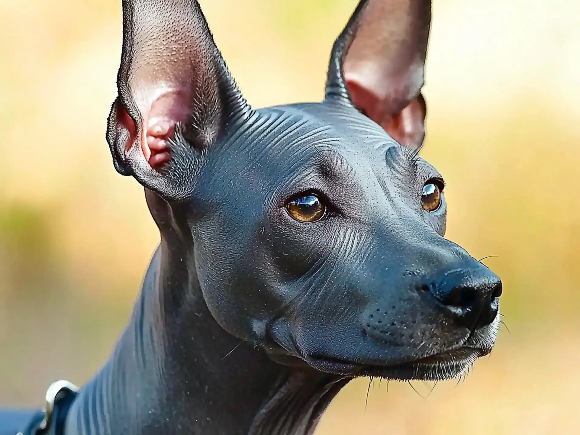 Close-up of a Xoloitzcuintli dog with dark, smooth skin and upright ears, gazing intently.