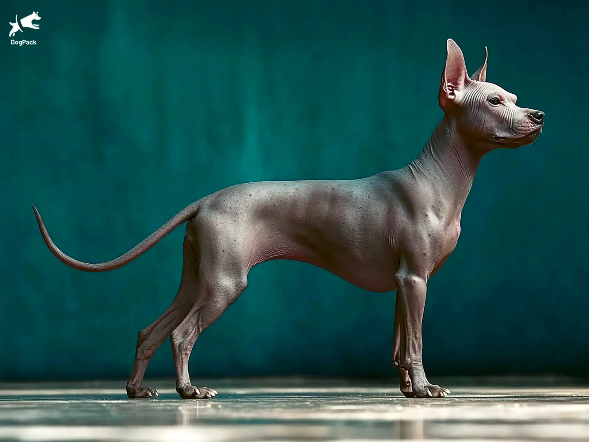 Xoloitzcuintli Dog breed full body view standing against green background