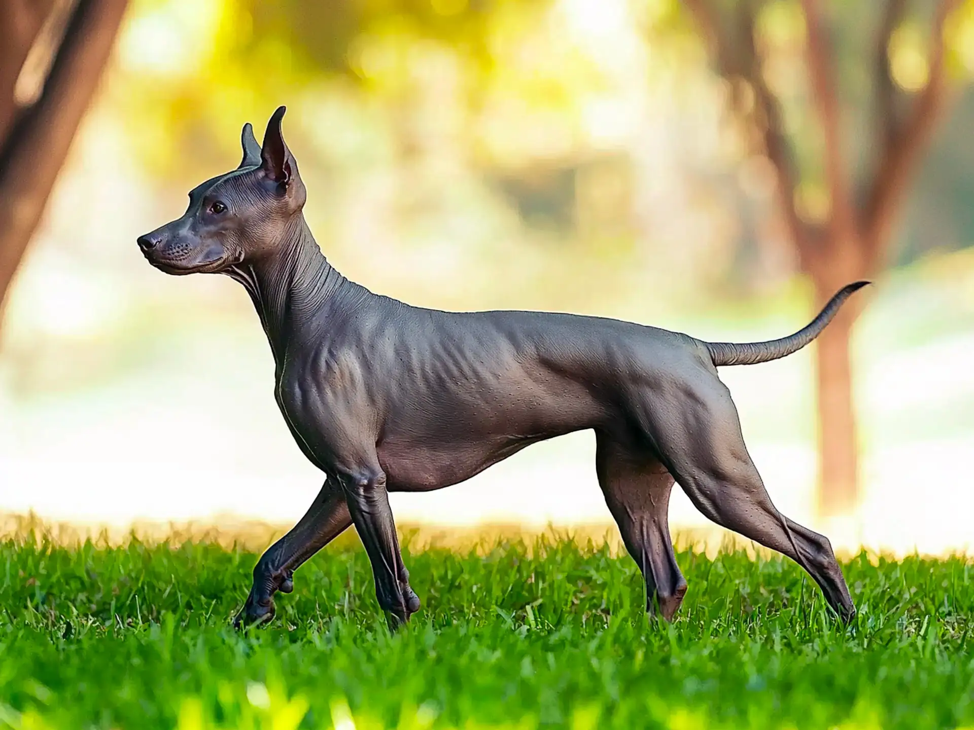 Xoloitzcuintli dog walking on a grassy field, showing its sleek, hairless body and elegant posture