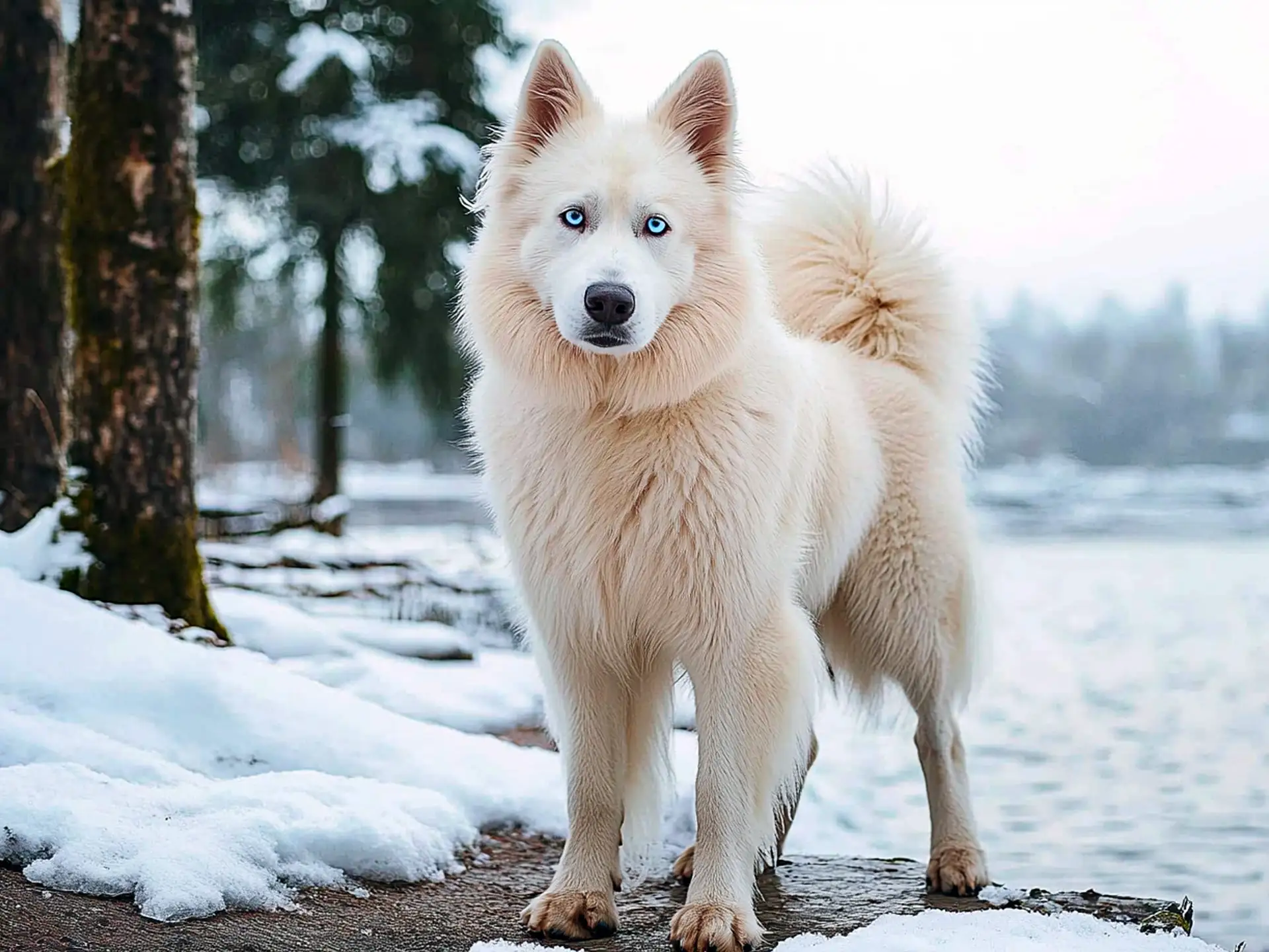 Close-up of a Yakutian Laika with fluffy cream fur and icy blue eyes against a blurred background