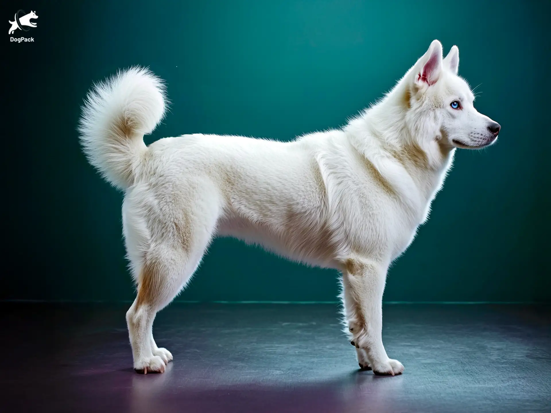 Yakutian Laika Dog breed full body view standing against green background