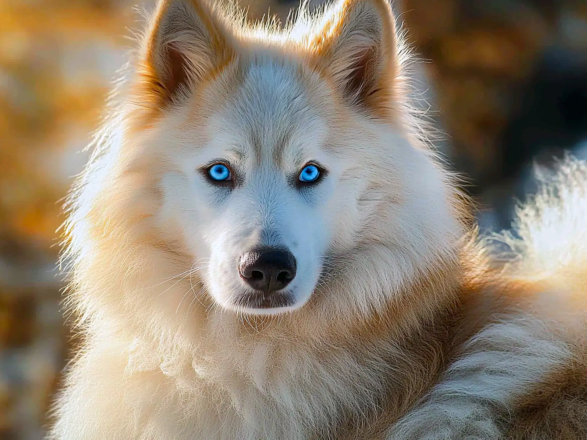 Yakutian Laika with thick white fur and piercing blue eyes standing in a snowy forest