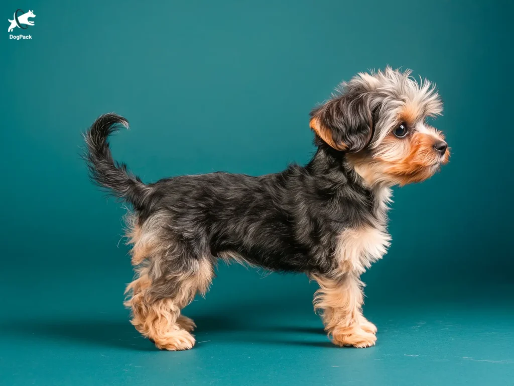 Yorkiepoo Dog breed full body view standing against green background