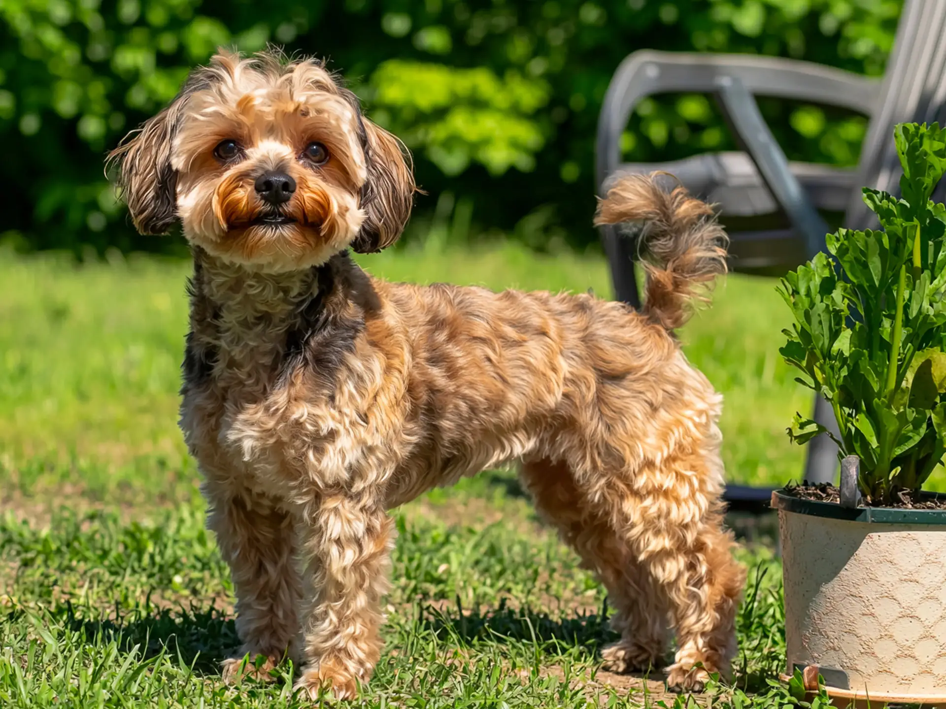 Yorkiepoo dog standing in a sunny garden with curly, tan and black fur