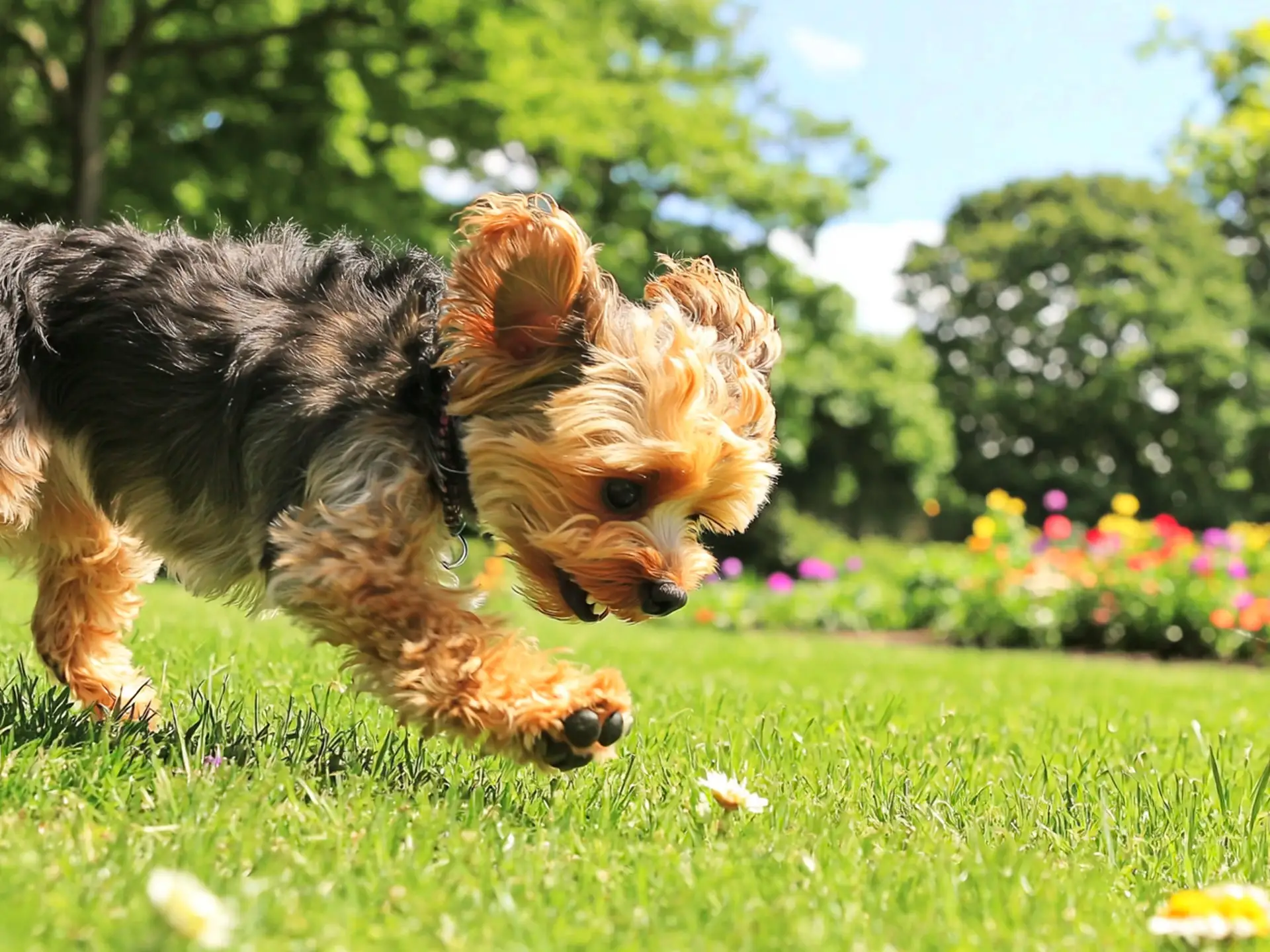 Yorkiepoo puppy energetically running across a grassy field with flowers in the background