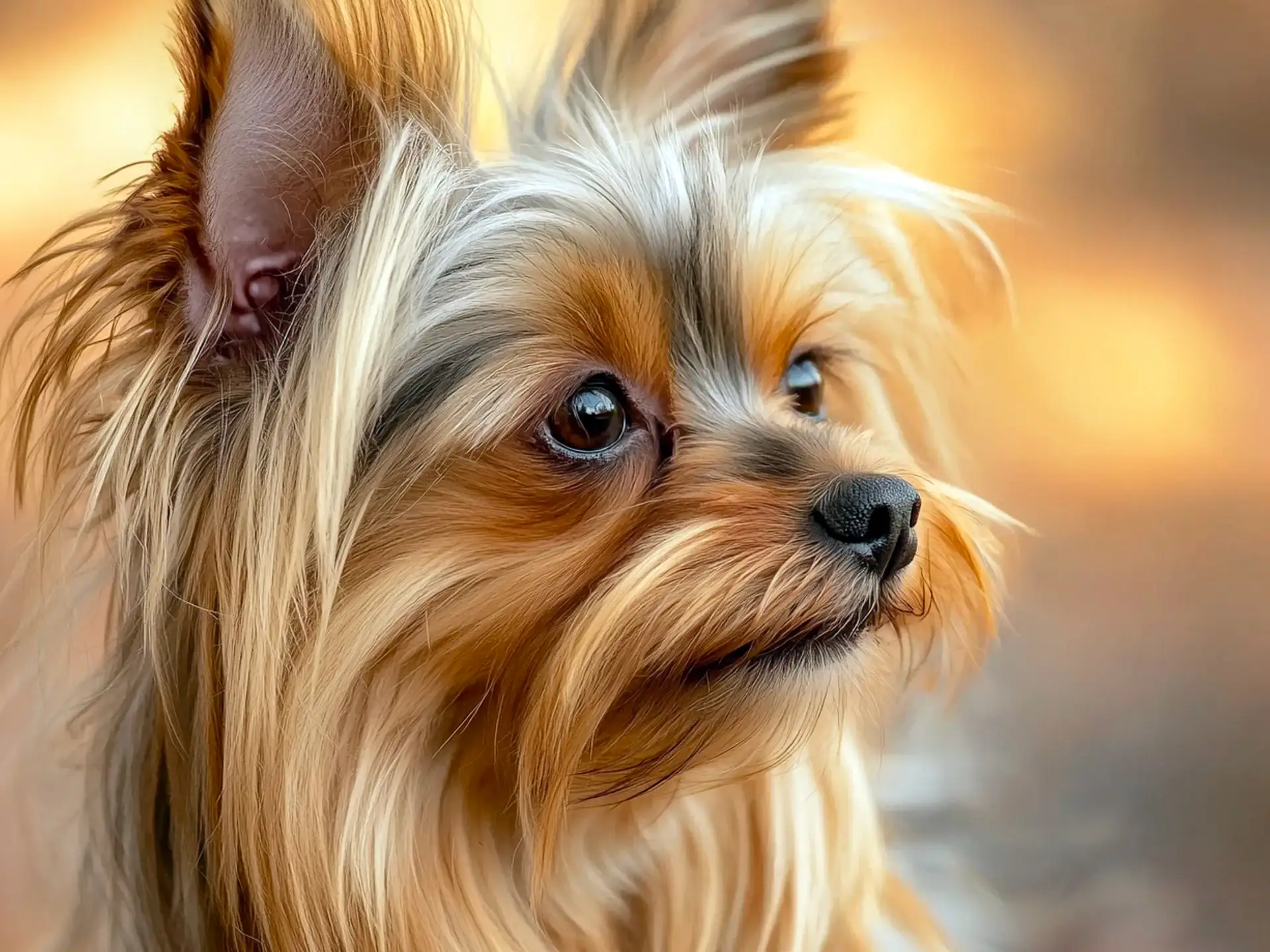 Close-up of a Yorkshire Terrier with a silky coat and bright eyes looking attentively