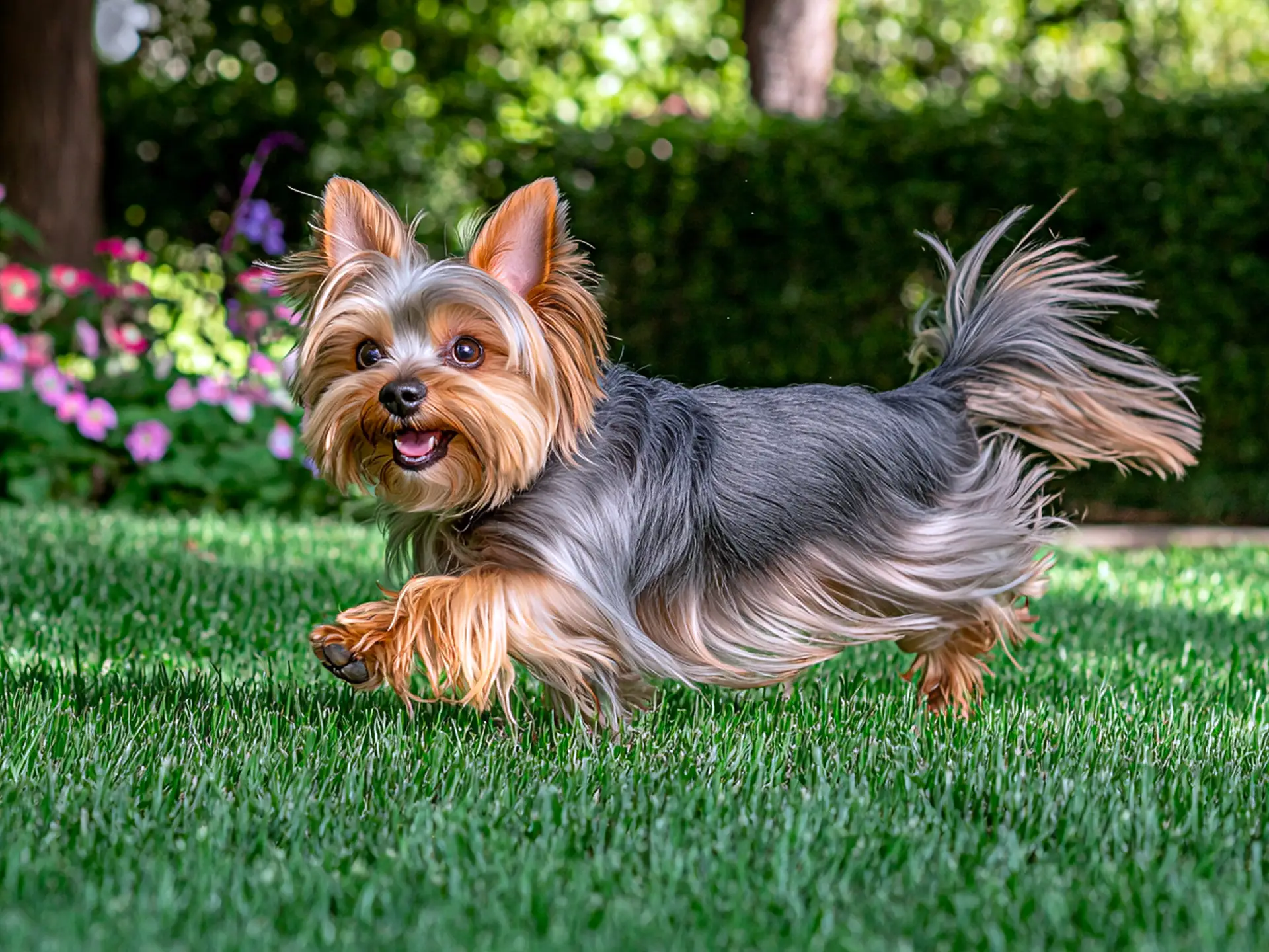 Yorkshire Terrier running happily on a grassy lawn with vibrant flowers in the background