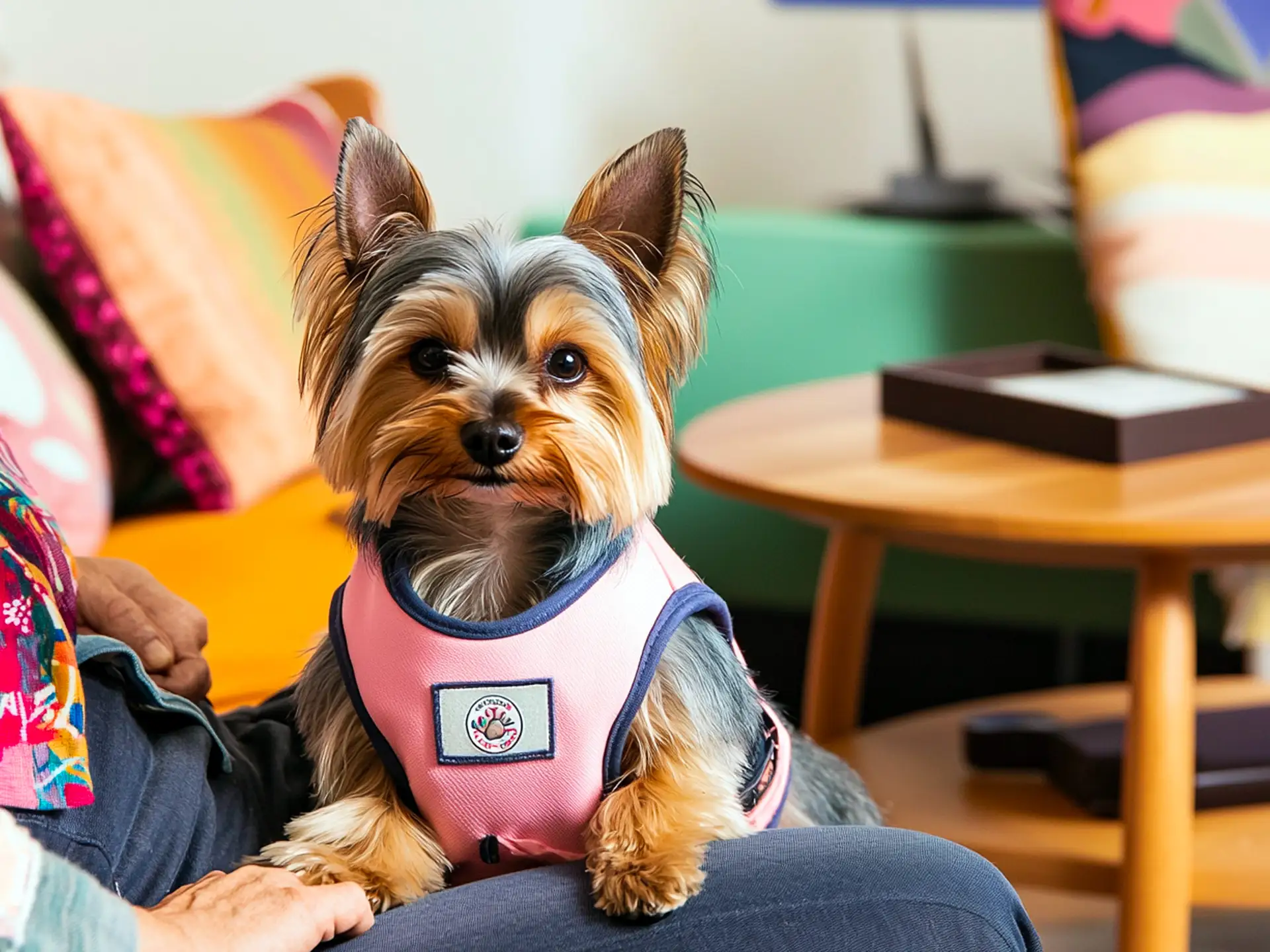 Yorkshire Terrier therapy dog wearing a pink vest, sitting on a patient’s lap in a cheerful therapy room, highlighting its affectionate nature for emotional support.