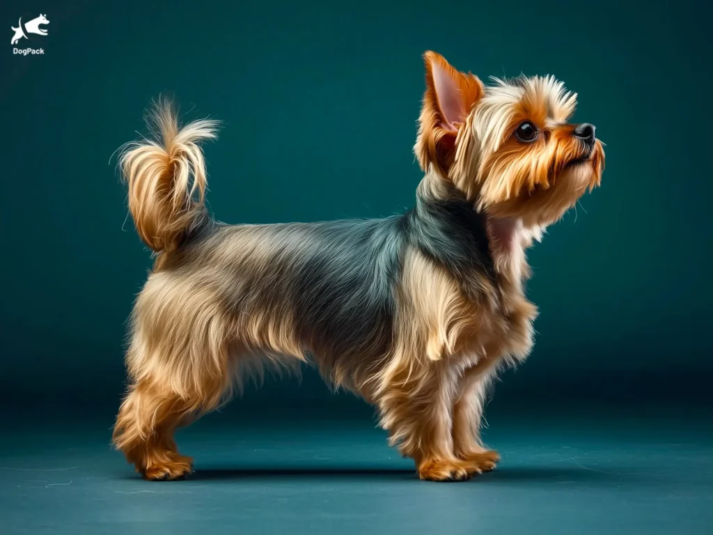 Yorkshire Terrier Dog breed full body view standing against green background