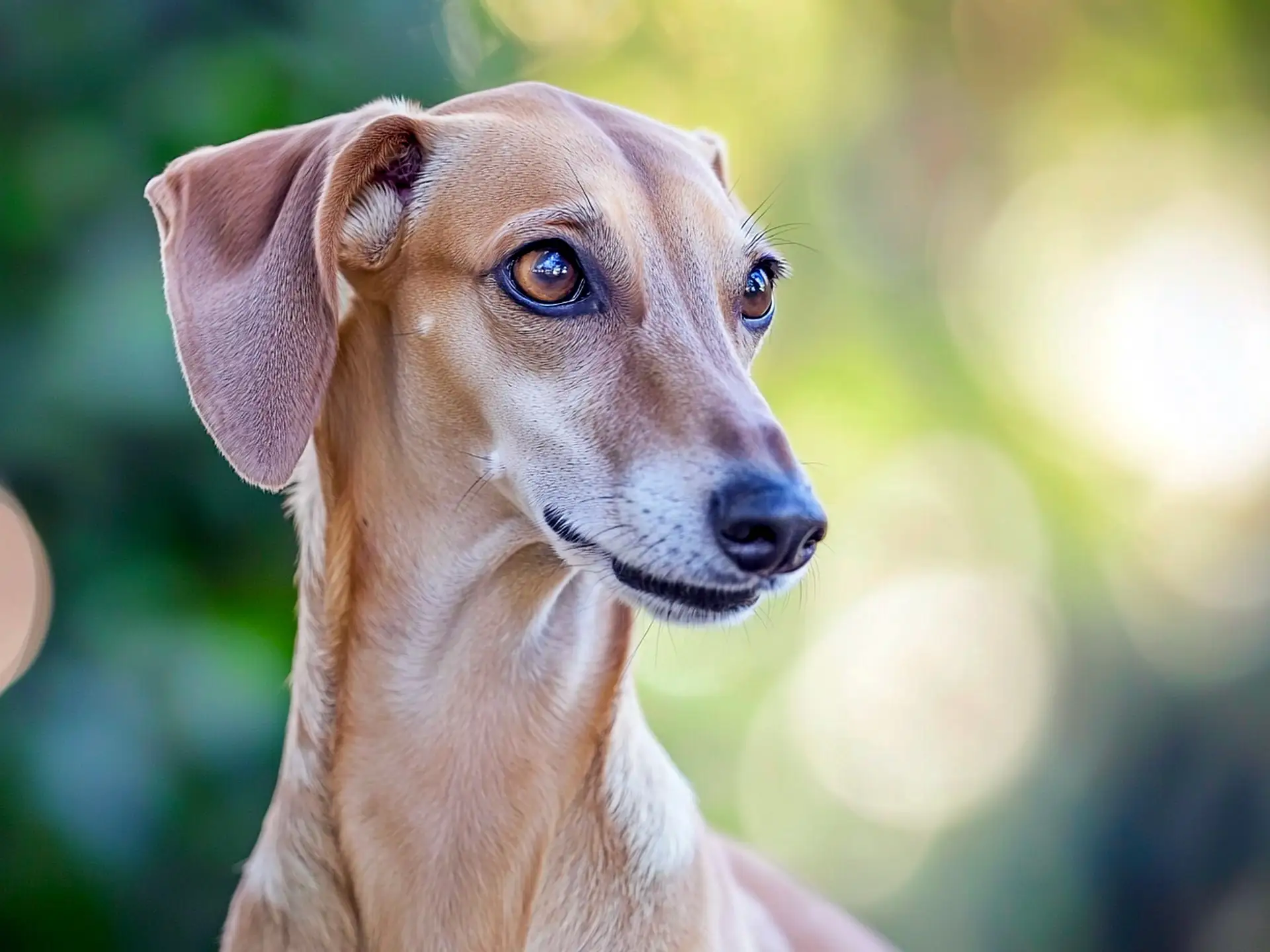 Close-up of a young Azawakh dog with expressive eyes, showing its delicate features