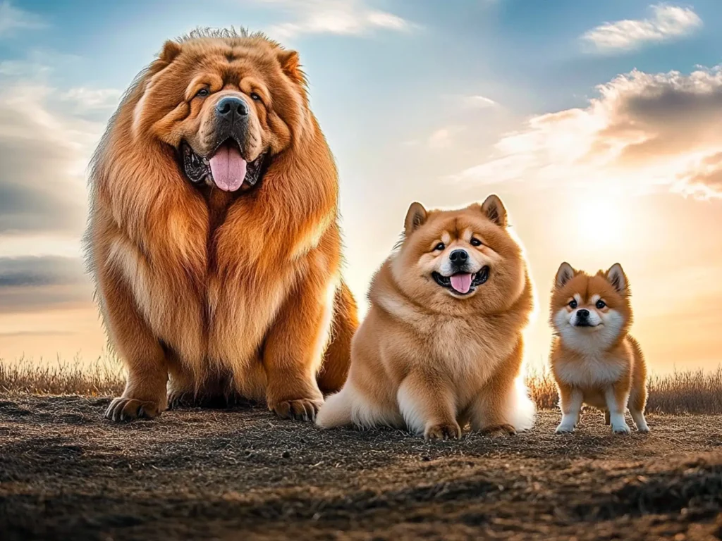 A majestic Tibetan Mastiff, a round-faced Chow Chow, and a tiny Pomeranian standing together in warm sunlight, each showcasing their thick, bear-like coats.