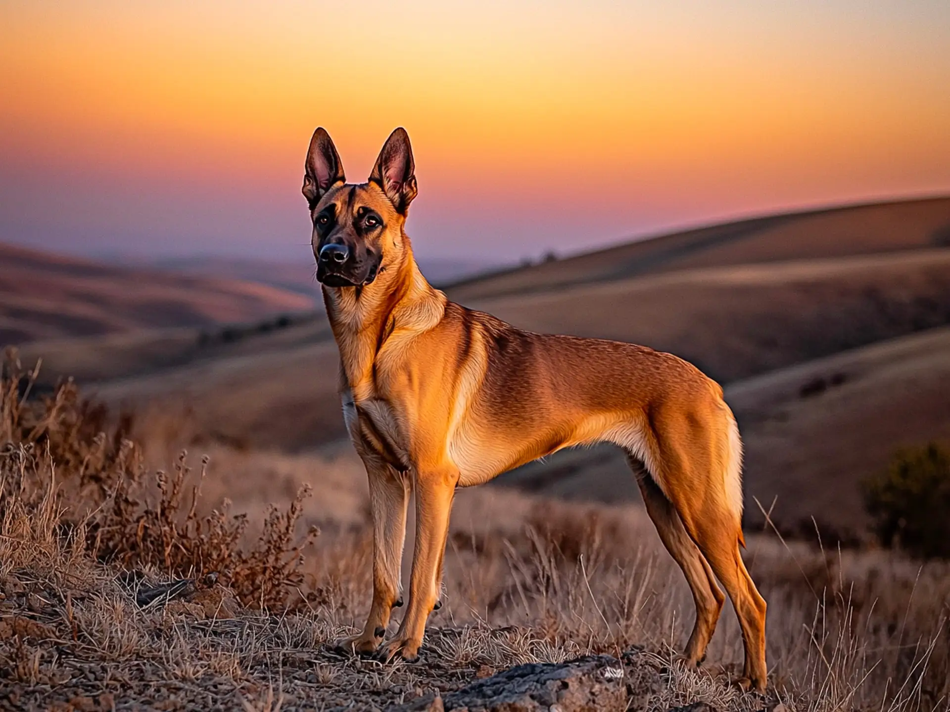 Belgian Malinois standing on a scenic hillside at sunset, showcasing its muscular build, fawn coat, and black mask, resembling a German Shepherd.