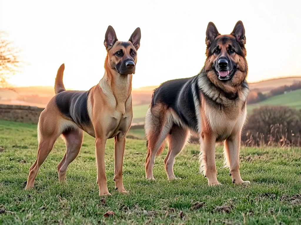 Belgian Malinois and German Shepherd standing side by side in a scenic field at sunset, highlighting their size, coat, and build differences.