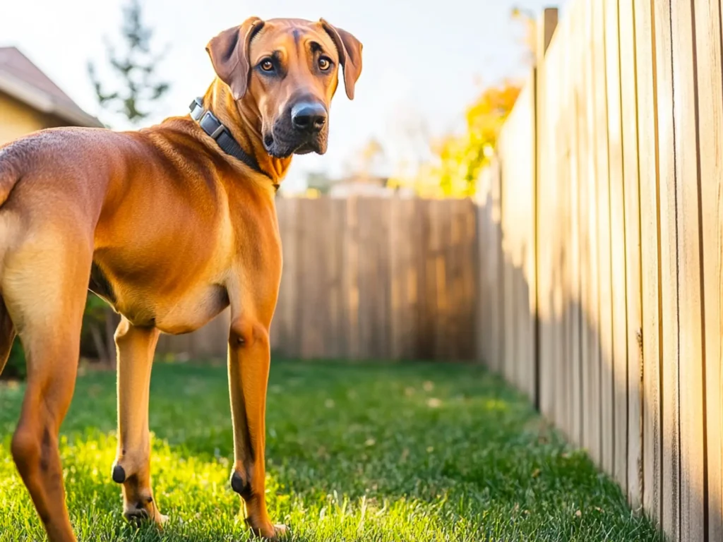 A Rhodesian Ridgeback guarding a sunny yard with a fence backdrop