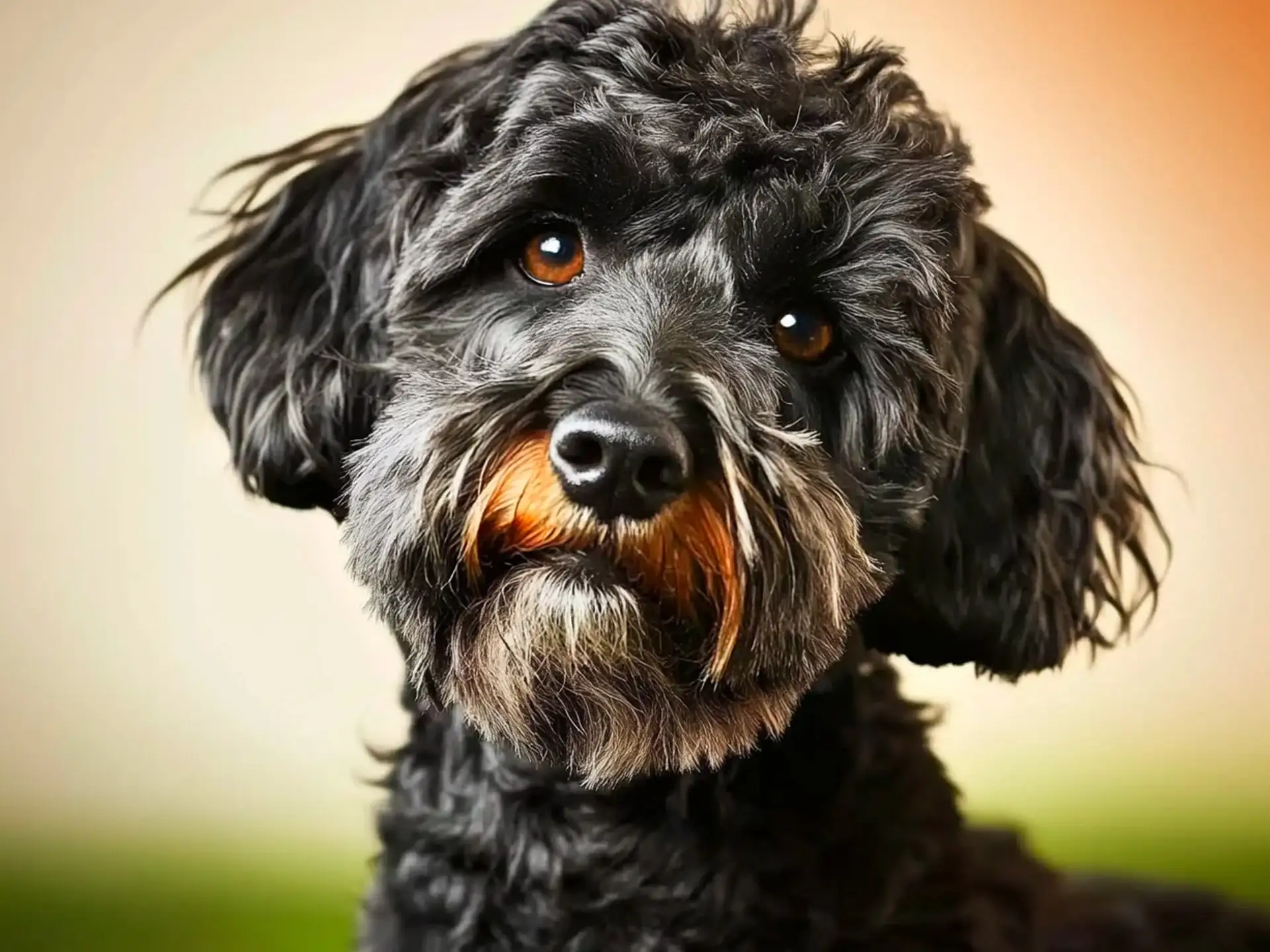 A black Schnoodle dog with curly fur and a distinct brown beard, looking curiously at the camera