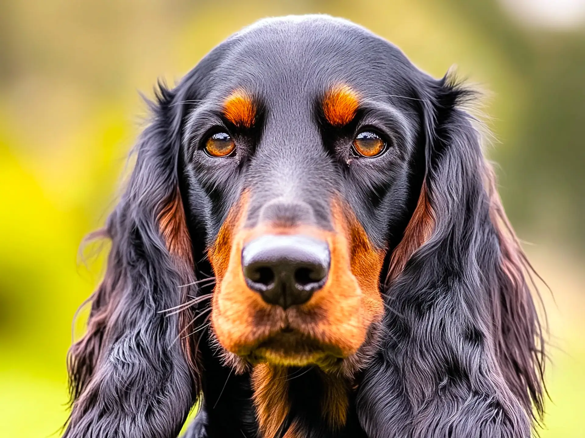 Close-up of a Gordon Setter's face, highlighting its black and tan coat and expressive eyes