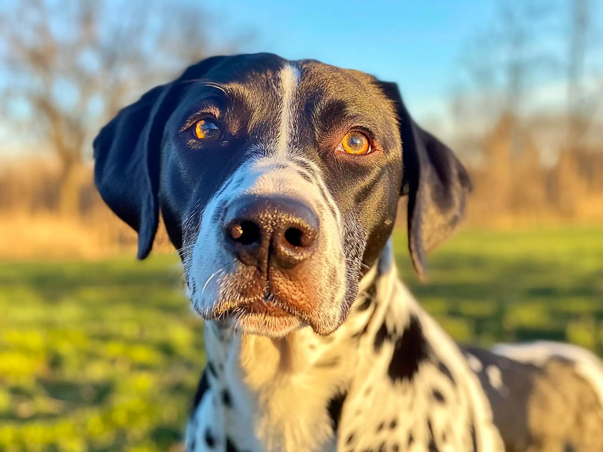 Close-up of a Dalmador with a black-and-white spotted coat, standing in a sunlit field with a focused gaze