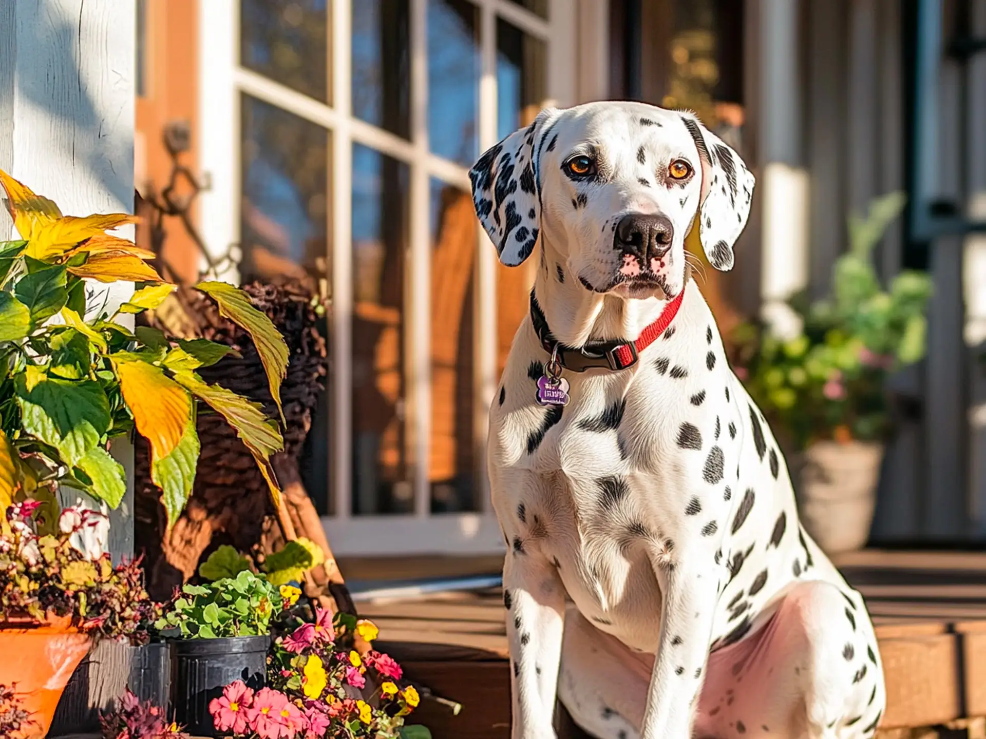 A Dalmador sitting on a porch surrounded by colorful potted flowers, showcasing its spotted coat and alert expression