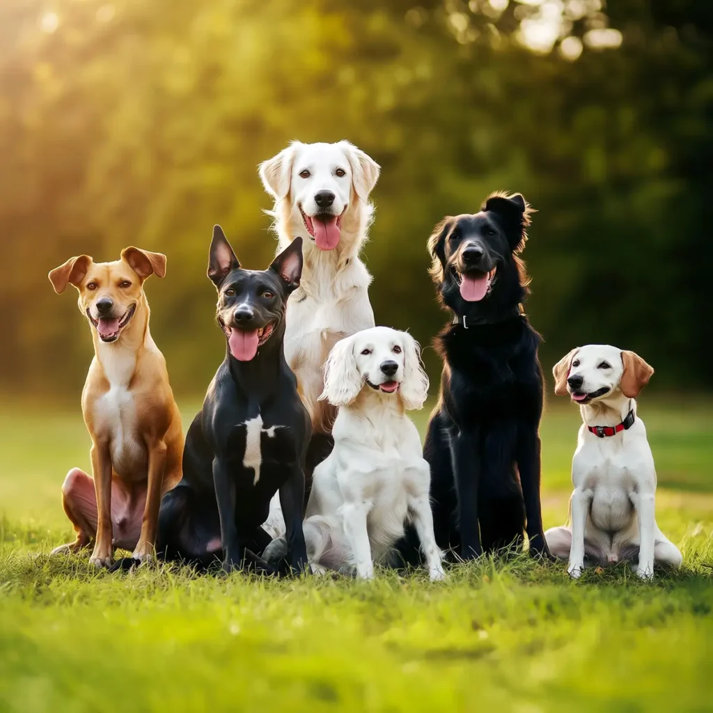 Group of various dog breeds sitting together in a bright outdoor setting