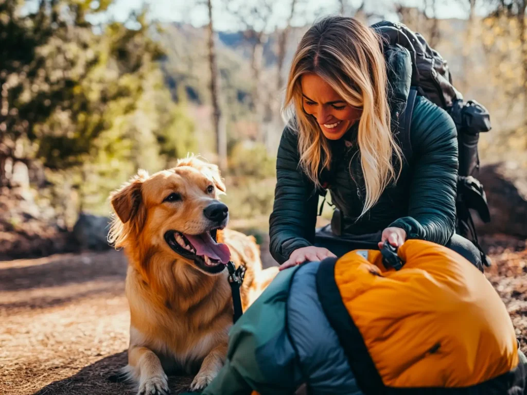 A well-behaved dog sitting calmly at a trailhead 