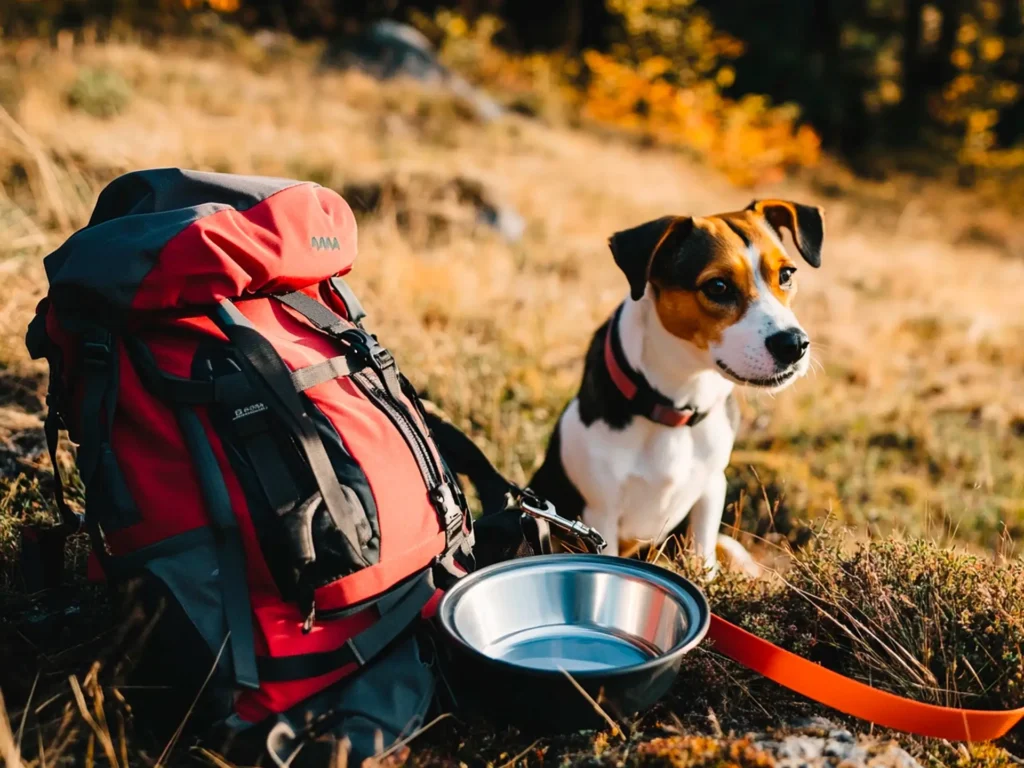 Dog travel gear including water bowl, leash