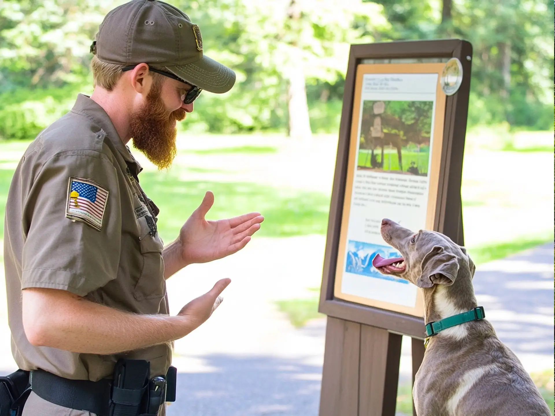 Park ranger explaining leash requirements and pet-friendly trails