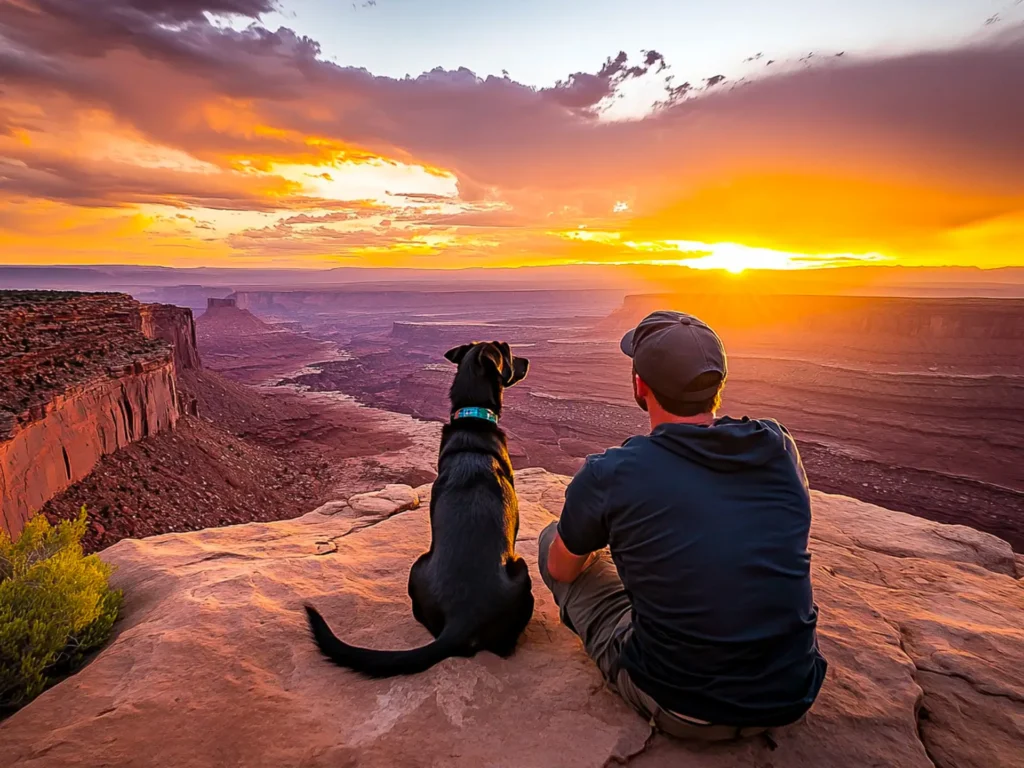 Owner and dog watching a sunset over a canyon in a national park