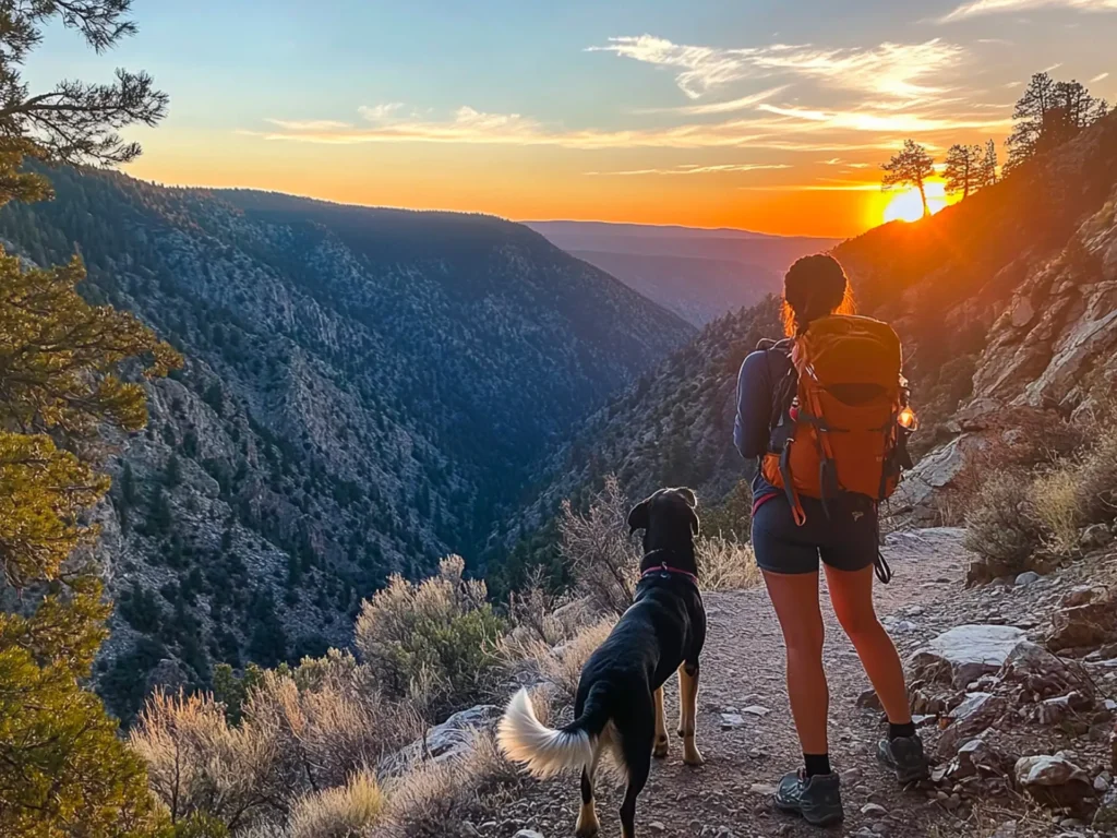 Woman with her dog in a tranquil national park at sunset