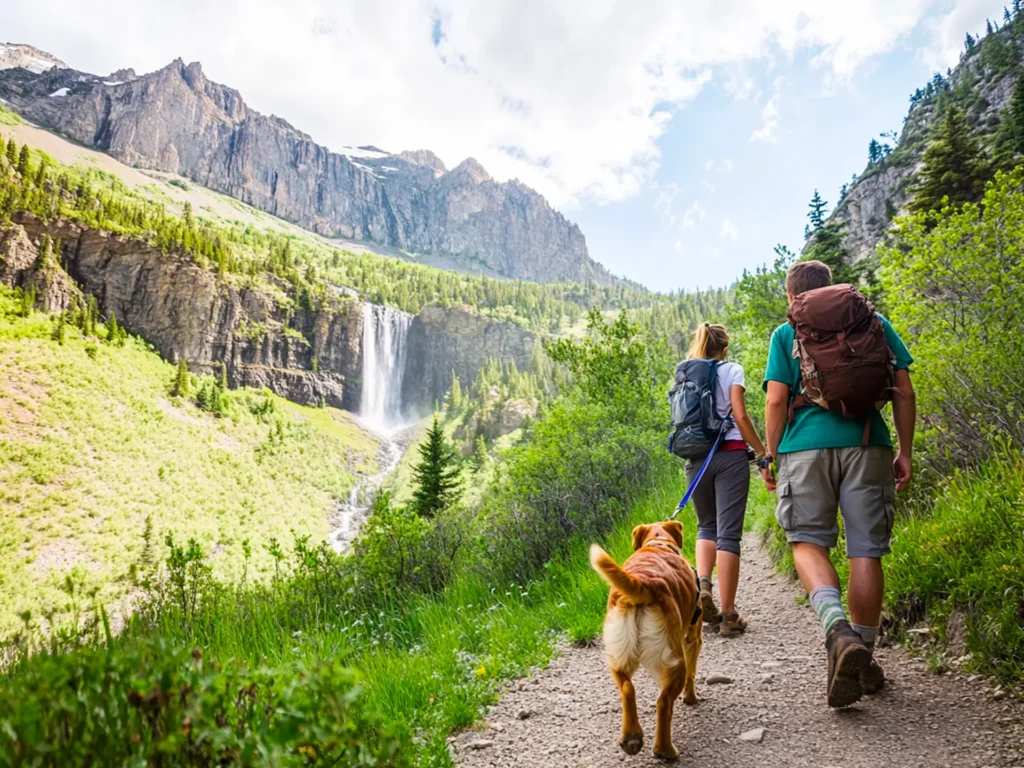 A couple hiking in a lush national park with their dog on a leash