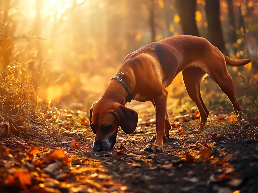 Bloodhound sniffing in golden sunlight, illustrating dogs with best sense of smell and capturing attention