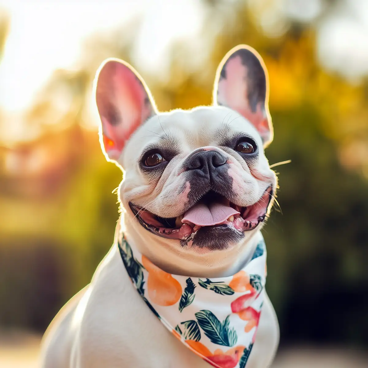 Smiling French Bulldog wearing a red bandana, promoting DogPack app for dog lovers.