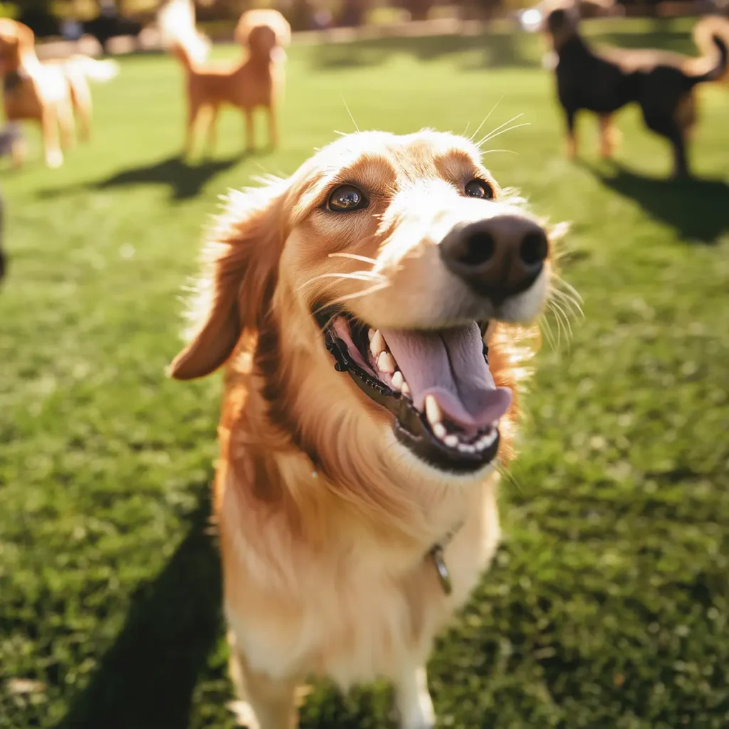 A happy dog with a small group of dogs playing in a well-maintained dog park