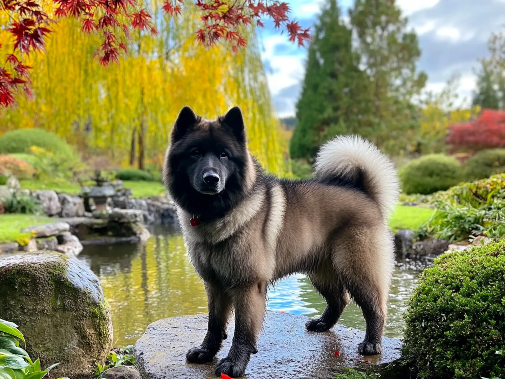 A large Akita dog with a thick coat and broad head, displaying a dignified, bear-like posture in a Japanese garden.