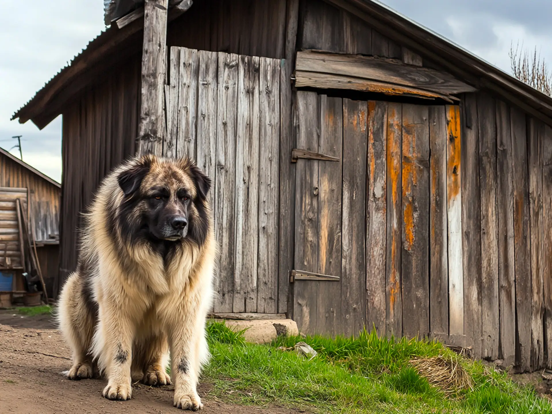  A large Caucasian Shepherd, often called a Russian Bear Dog, standing guard