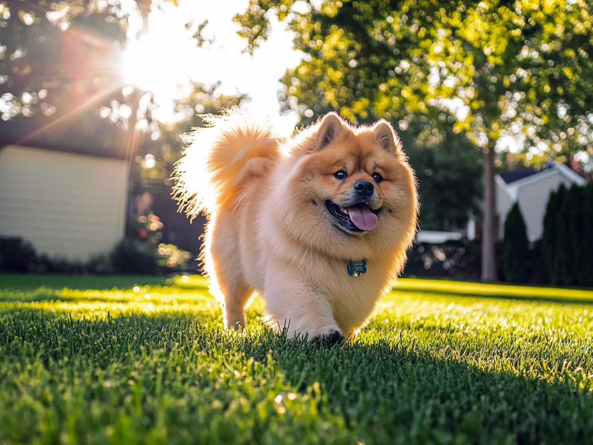 A fluffy Chow Chow dog that looks like a bear, standing on a lawn