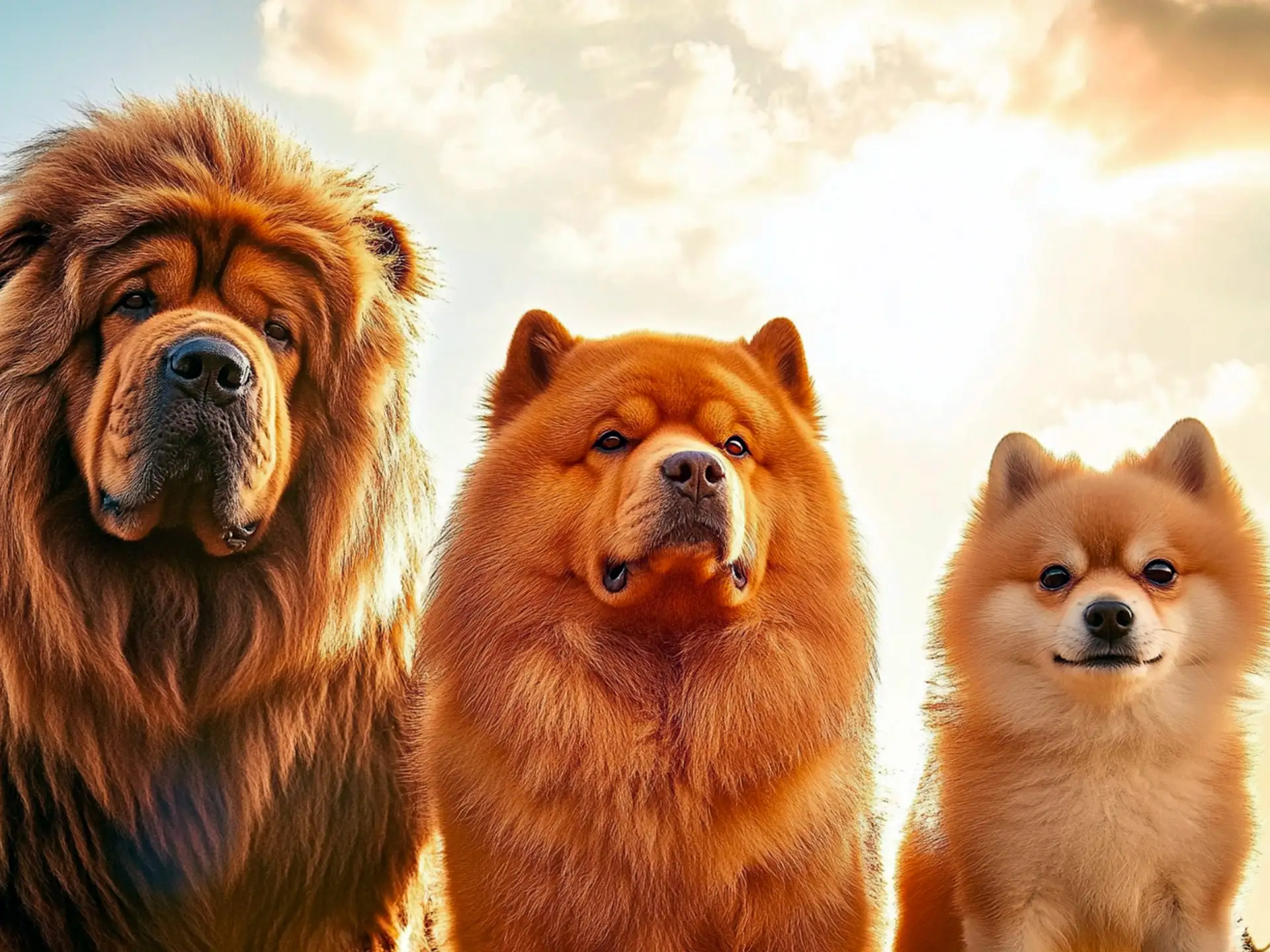 A stunning outdoor photograph of three bear-like dogs—a large Tibetan Mastiff, a medium Chow Chow, and a tiny Pomeranian—standing together in warm sunlight