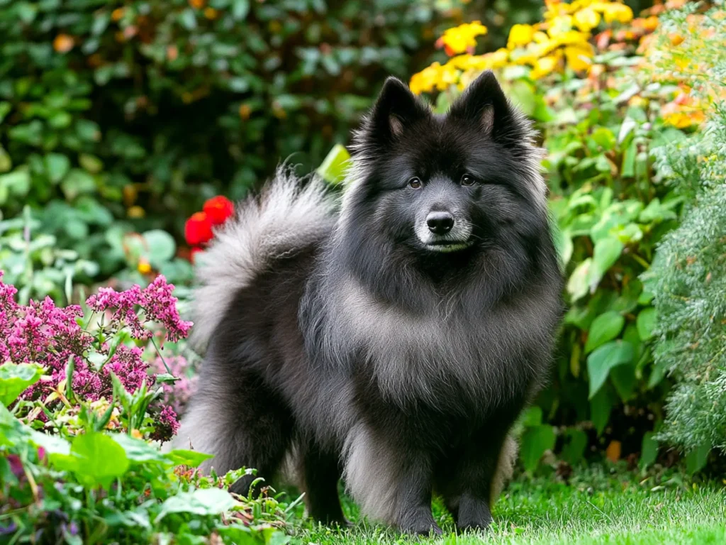 A medium-sized Keeshond with a plush gray-and-black coat, a ruff around its neck, and a sweet, bear-like face.