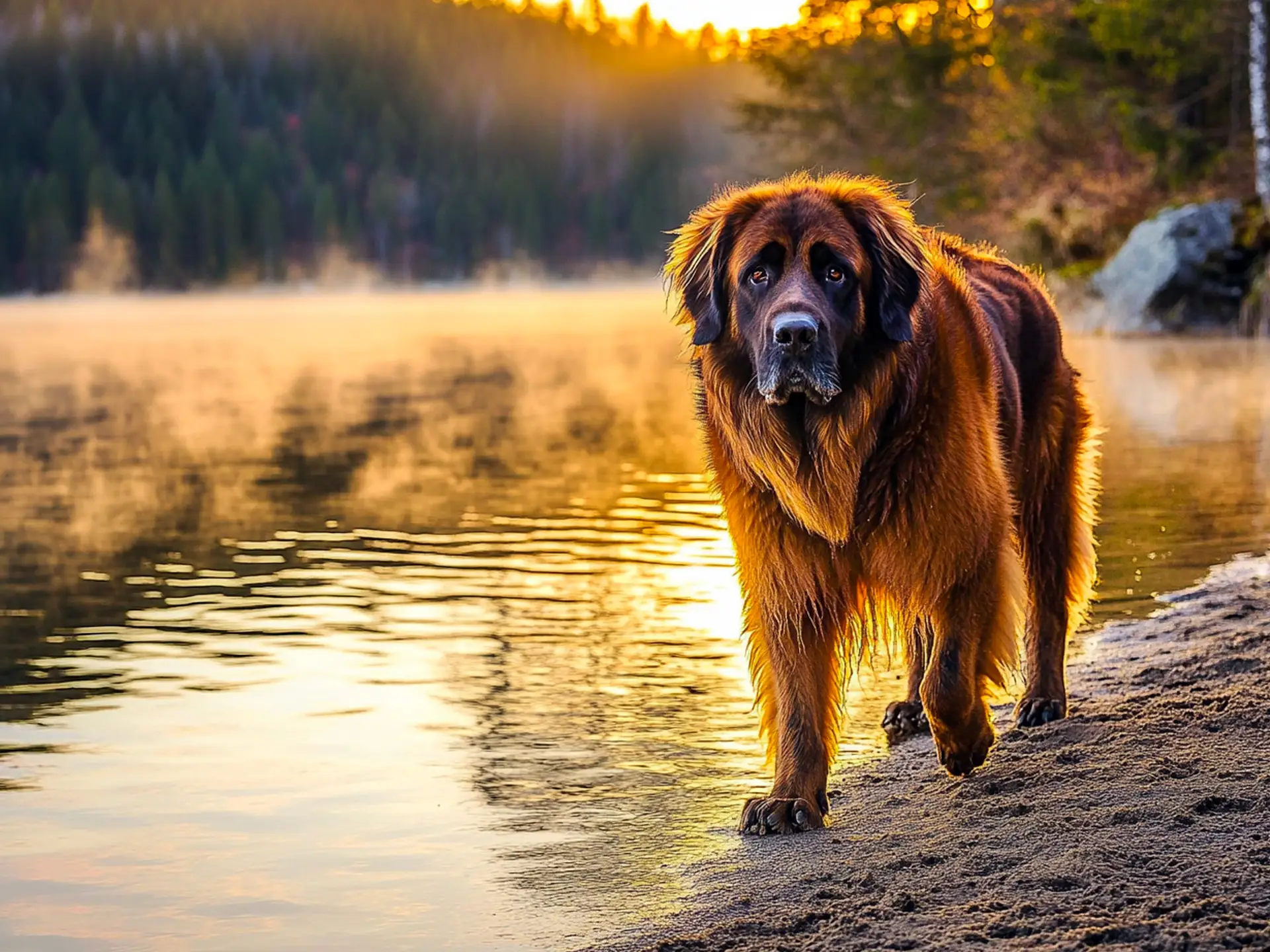 A large Leonberger dog with a mane-like ruff and a warm brown coat, exuding a bear-like presence by the water.