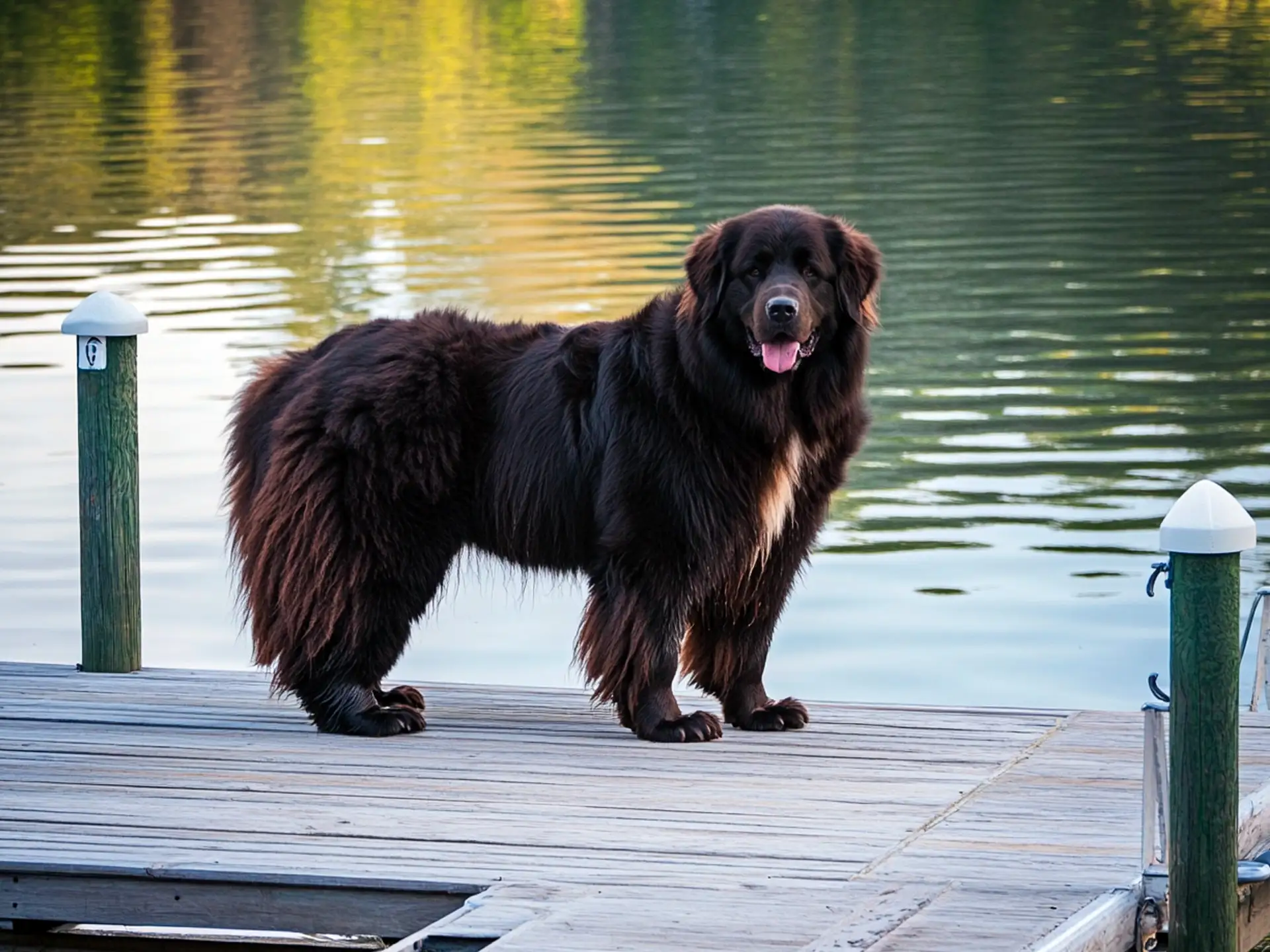 A large, dark-coated Newfoundland dog with a broad head and powerful build, looking similar to a black bear.