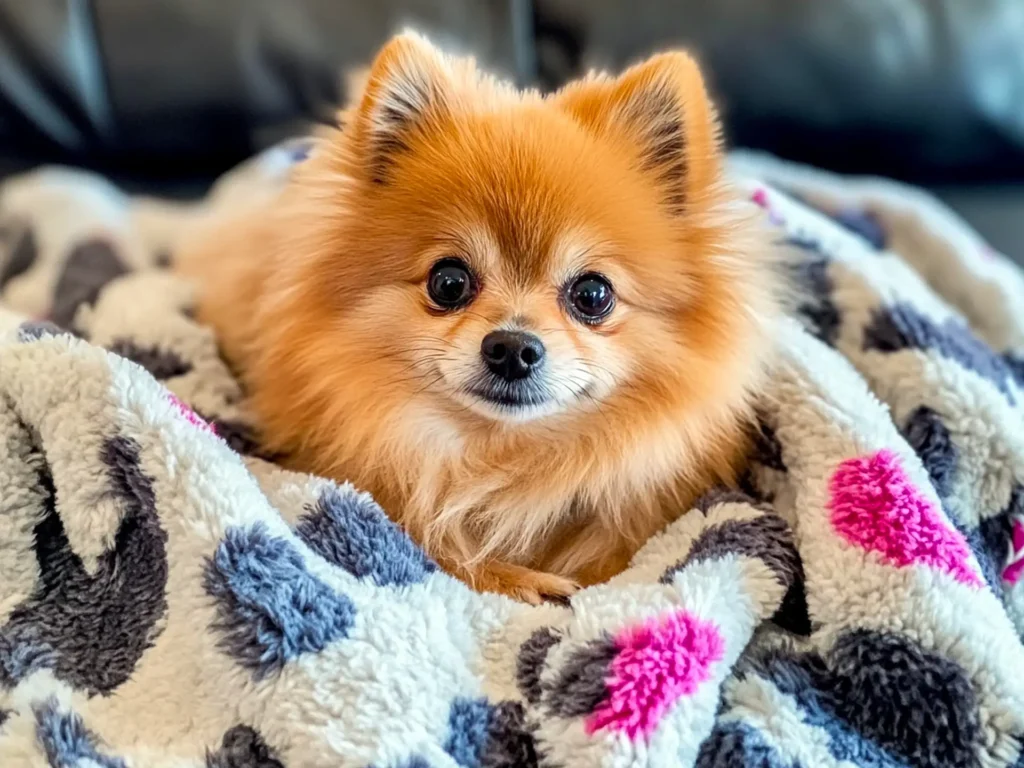 A small, orange Pomeranian with a round, teddy-bear-like face and fluffy coat, perched adorably on a blanket.