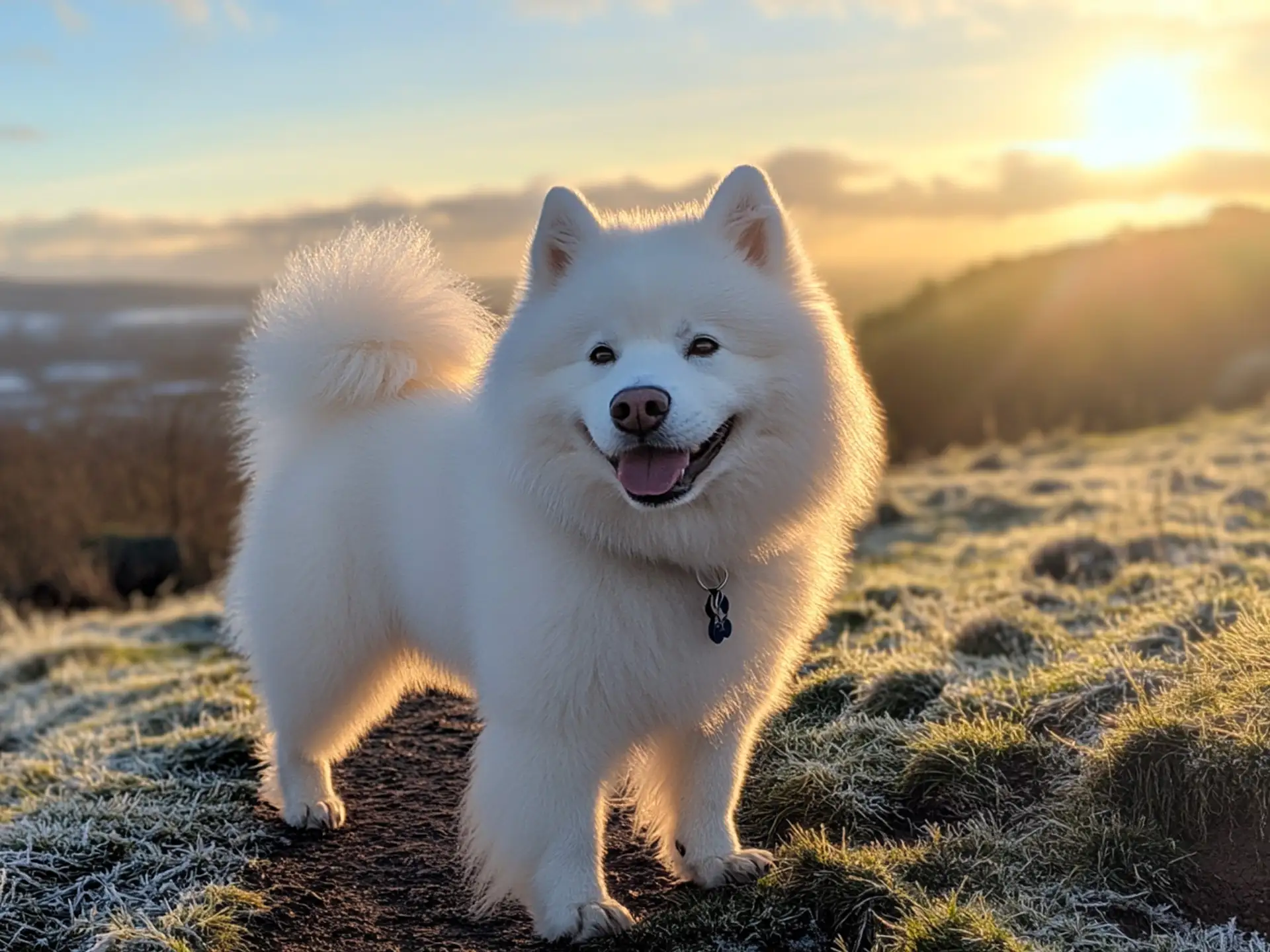 A pure-white Samoyed with a thick coat and smiling expression, resembling a small polar bear cub