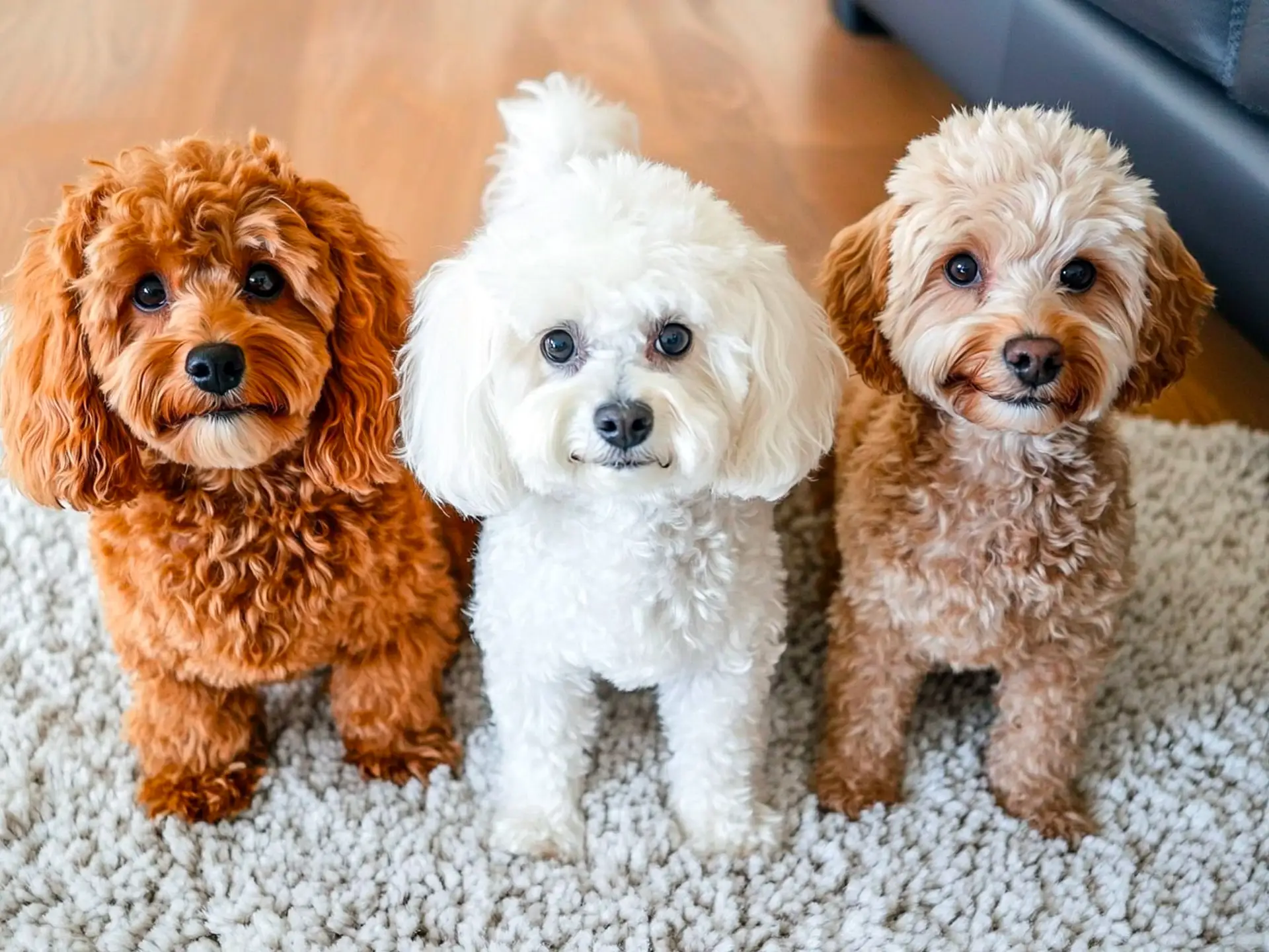 A trio of small, curly-coated teddy bear mix puppies—Maltipoo, Cavapoo, Shichon—frolicking together on a rug.