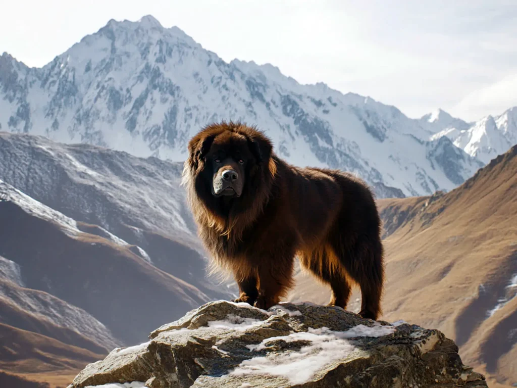 A giant Tibetan Mastiff, resembling a bear, standing on a mountain ledge