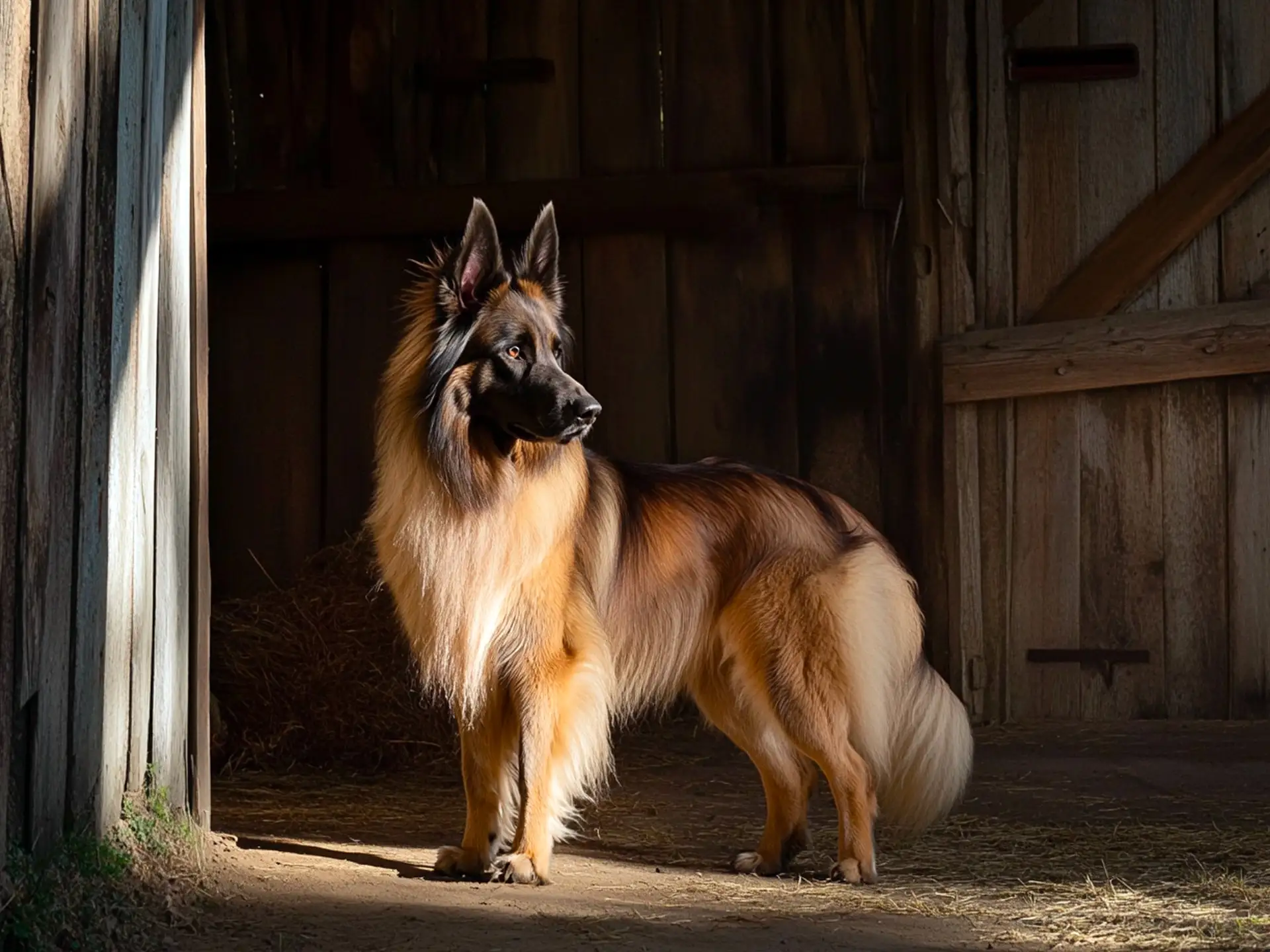 Belgian Tervuren standing in a pasture, displaying a full, shaded coat with mahogany and black coloring